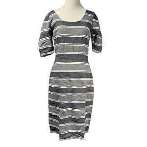 JS Collections 4 Blue White Striped Knee Length Dress Puff Sleeve Classic Preppy